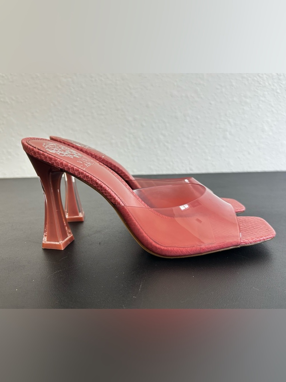 Feminine Pink Clear-Panel Mule Heels